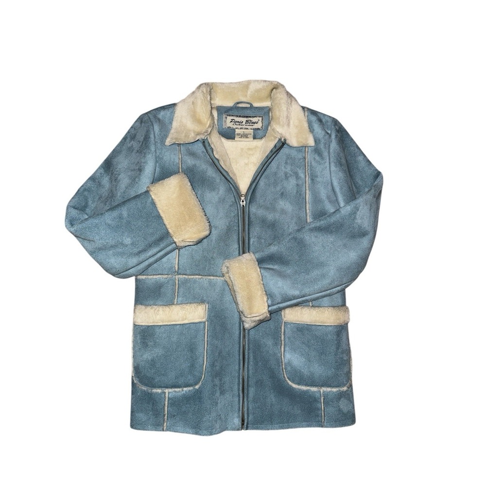 Vintage Y2K Paris Blues Jacket Blue Soft Suede Faux Fur Lined Snow Bunny Sz L